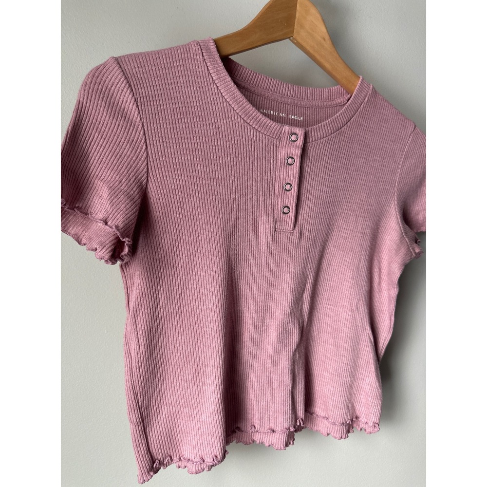 American‎ Eagle Dusty Rose Pink Ribbed Henley Cropped T Shirt Lettuce Hem Tee XS - Picture 2 of 10